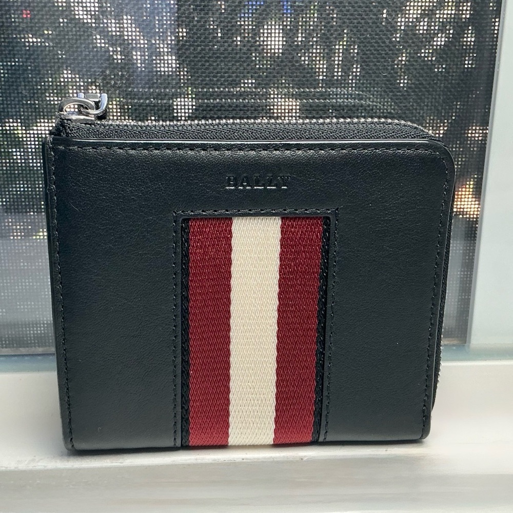 Bally Black Leather Stripe Zip Wallet — Unisex, Like New